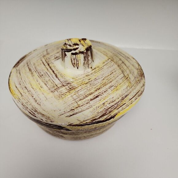 Vernonware Mid Century Brown, Ivory Yellow Ceramic Serving Dish w Lid 7x4.5 - Picture 2 of 9